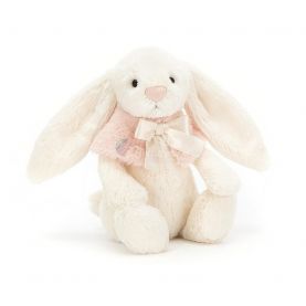 KRÓLIK W RÓŻOWYM UBRANKU Bashful Cream Snow Bunny, Jellycat, wys. 18 cm